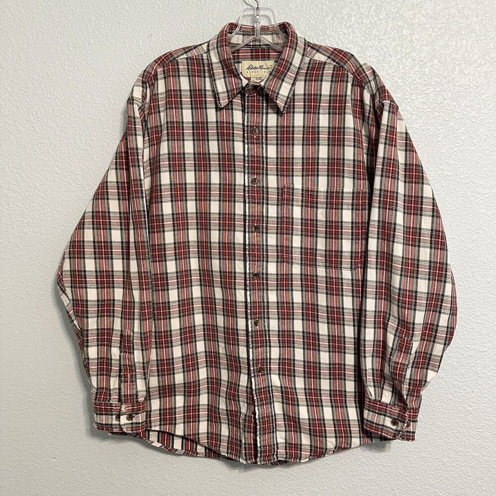 Eddie Bauer Flannel Shirt Mens Medium Red White Plaid Outdoor Lumberjack Casual